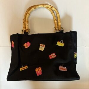 Vintage Black Tote Bag with Bamboo Handles